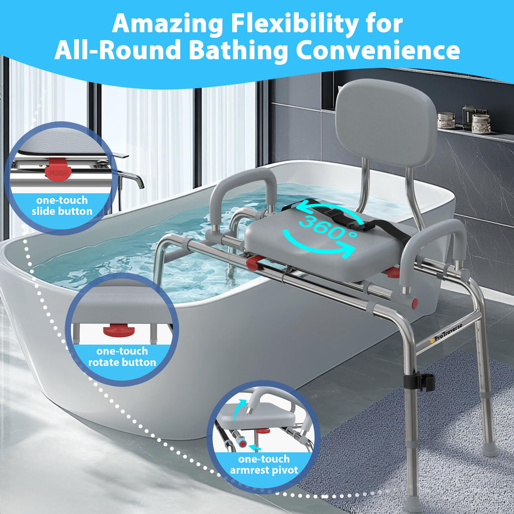 Sliding Shower Chair Tub Transfer Bench with Swivel Seat, 450lbs, Adjustable Height, Gray H229