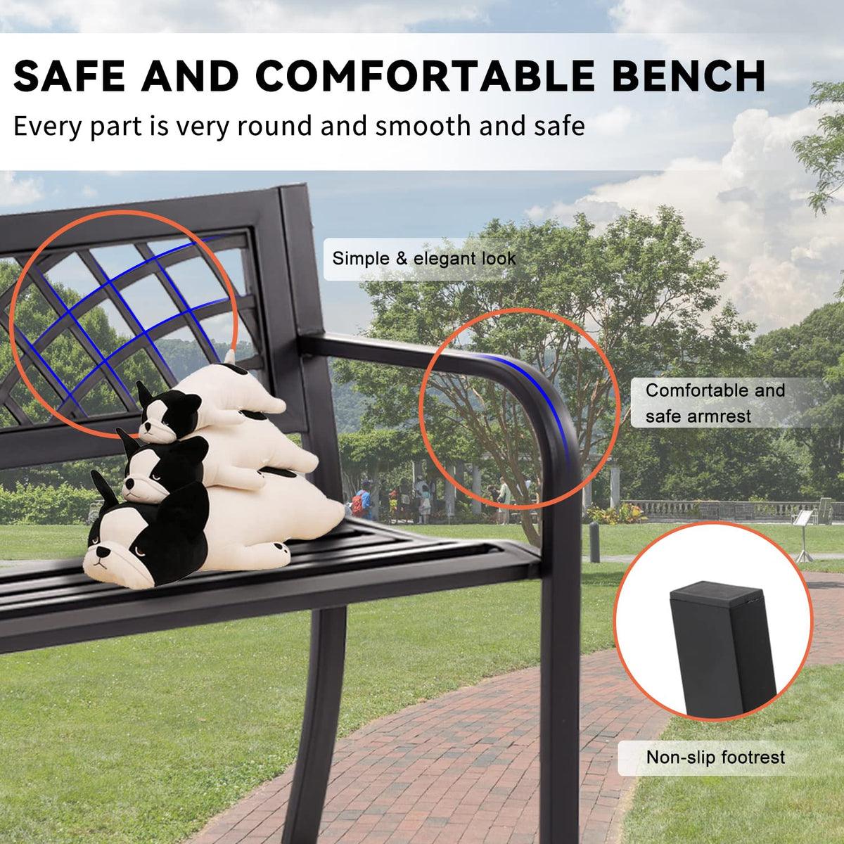 4 Feet Heavy-Duty Metal Patio Bench with Backrest Armrests P1609