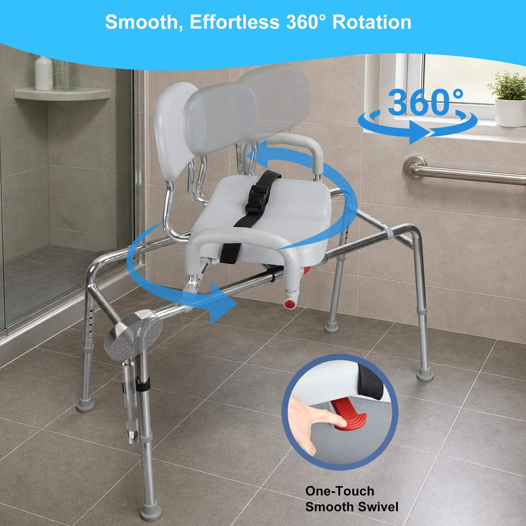 Sliding Shower Chair Tub Transfer Bench with Swivel Seat, 450lbs, Adjustable Height, Gray H229