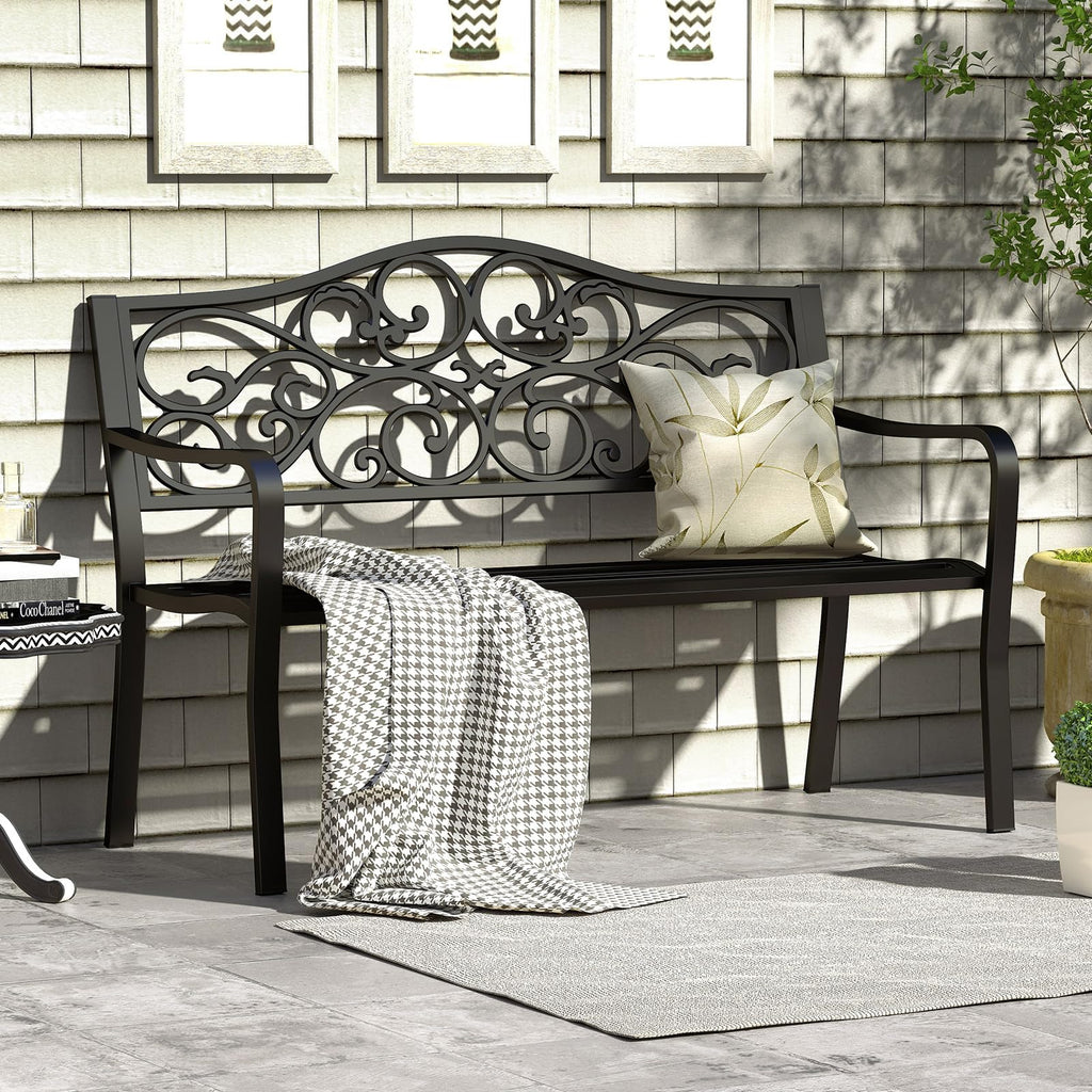 50 Inches Black Cast Iron Metal Patio Bench with Floral Backrest K451