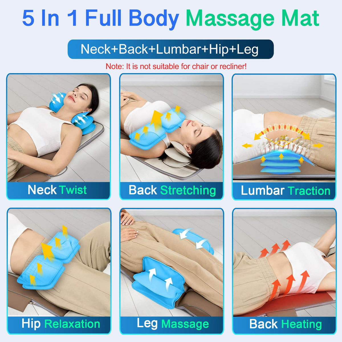 Full Body Massage Mat with Airbags Stretching & Heating, 3D Lumbar Traction, 4 Modes 3 Intensities 3 Heat Levels, PU Leather, Foldable H136658