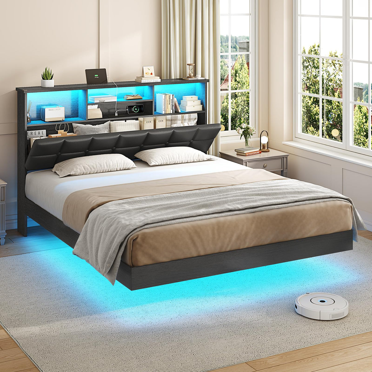 Black Full Size Upholstered Platform Bed Frame with Headboard and Storage T777