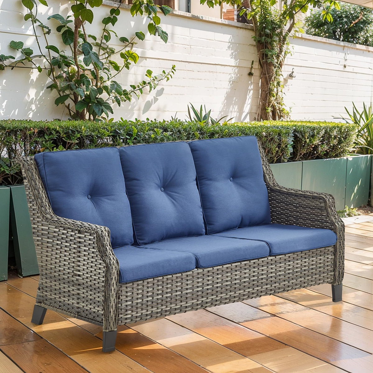 Grey Wicker 3pcs Patio Furniture Set with Blue Cushions D98611