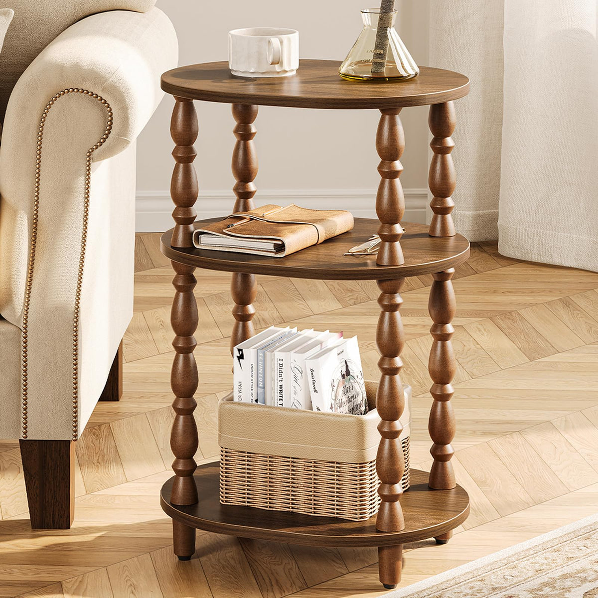 3-Tier Oval Wood Side Table with Storage Shelf O2938