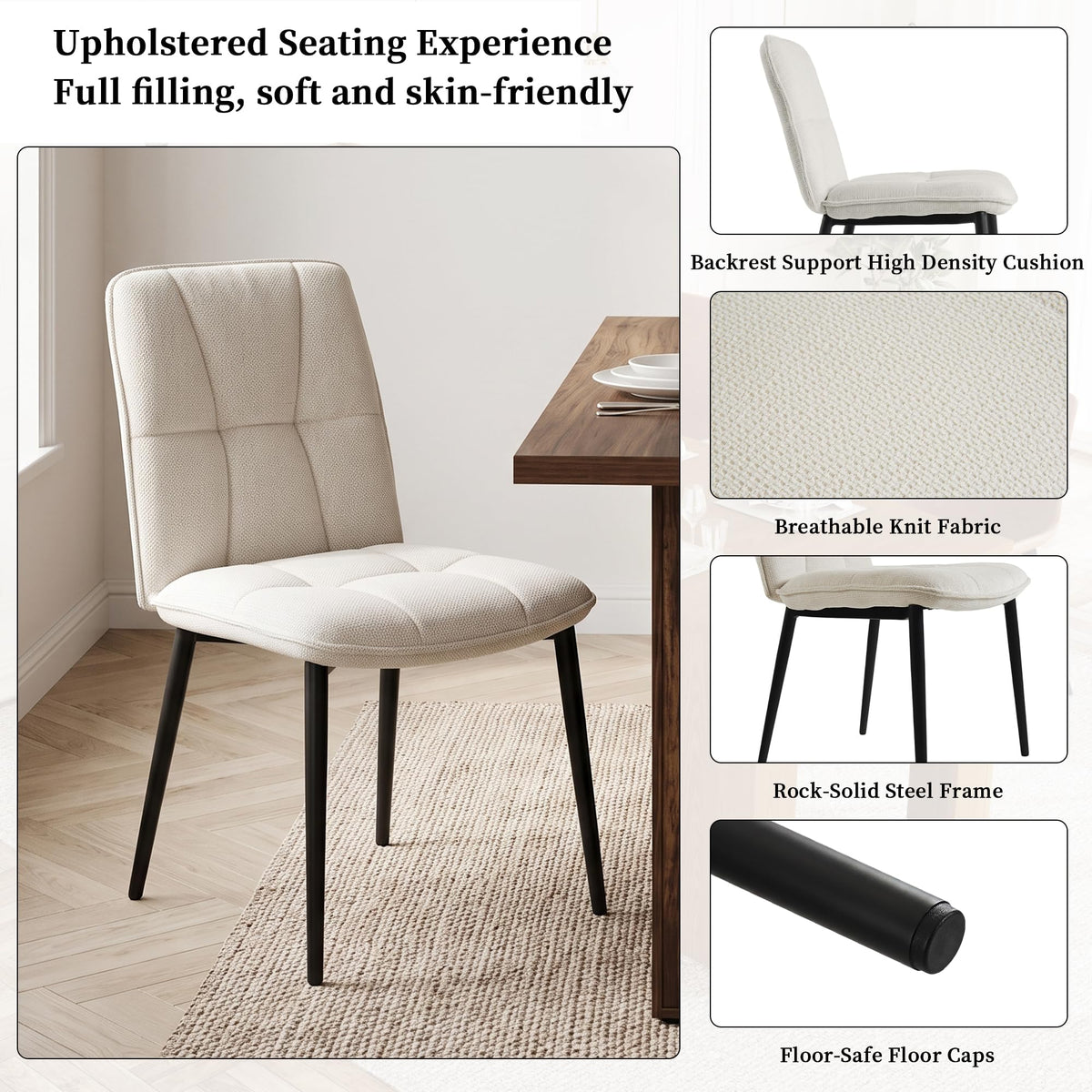 7 Piece Dining Table Set with 6 Beige Knit Fabric Chairs D9920