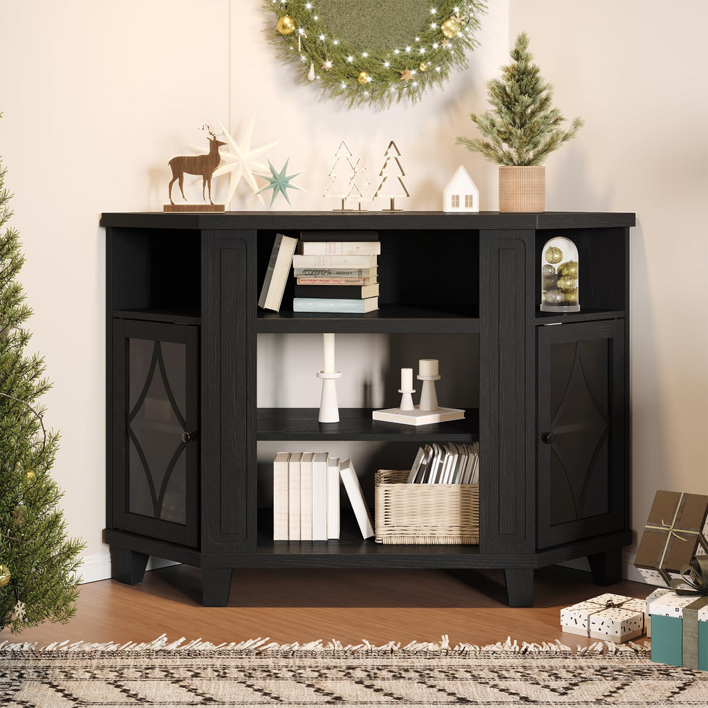 Corner TV Stand up to 55 Inch with Storage Wood Media Console Cabinet Satin Black S4525