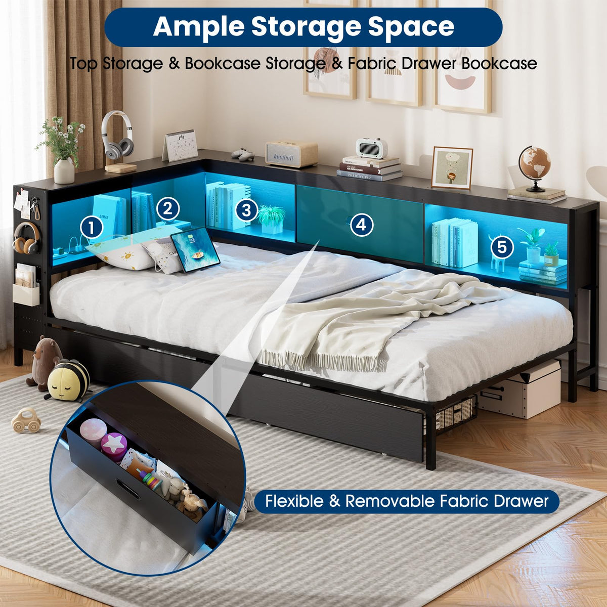 Twin Size Metal Corner Bed Frame with Storage Bookcase Headboard X8956