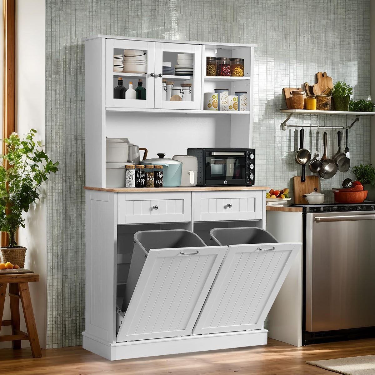 68.4" White Kitchen Pantry Storage Cabinet with Shelf, 2 Drawers and Tilt Out Trash Cabinet F403603