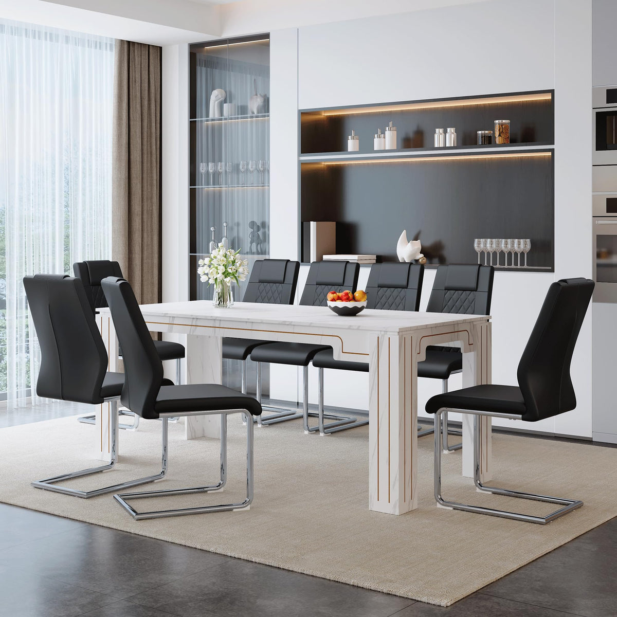 9-Piece Walnut Wood Grain Dining Table Set with 8 Black PU Leather Chairs W81346