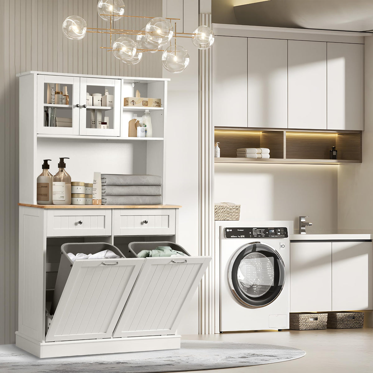68.4" White Kitchen Pantry Storage Cabinet with Shelf, 2 Drawers and Tilt Out Trash Cabinet F403603