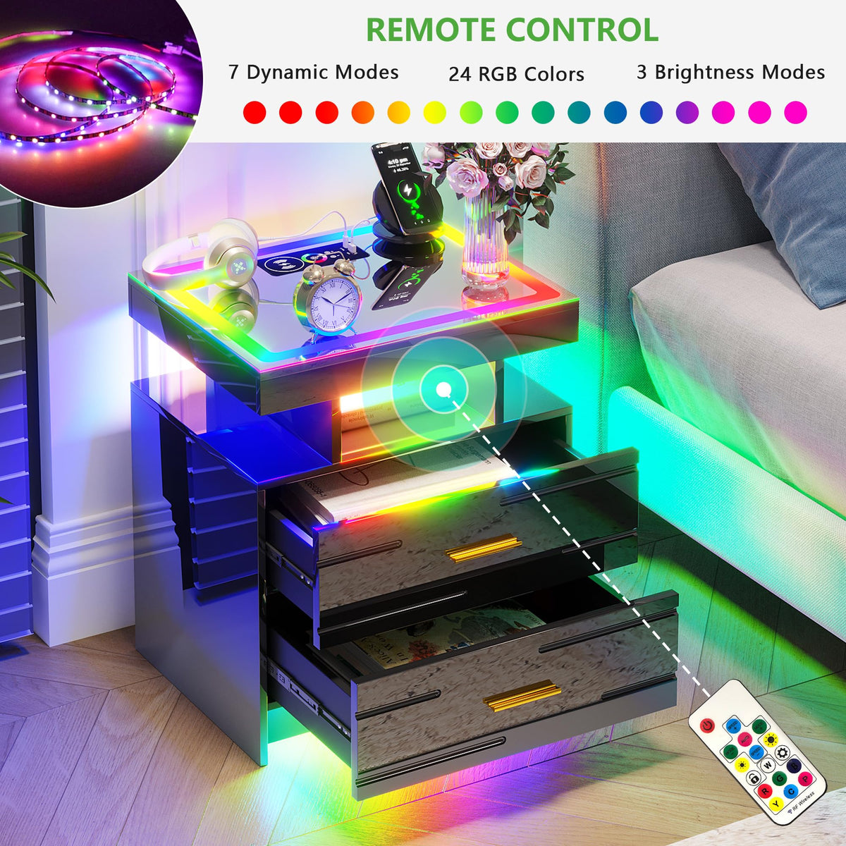 Black Smart Nightstand with Wireless Charging Station N47625