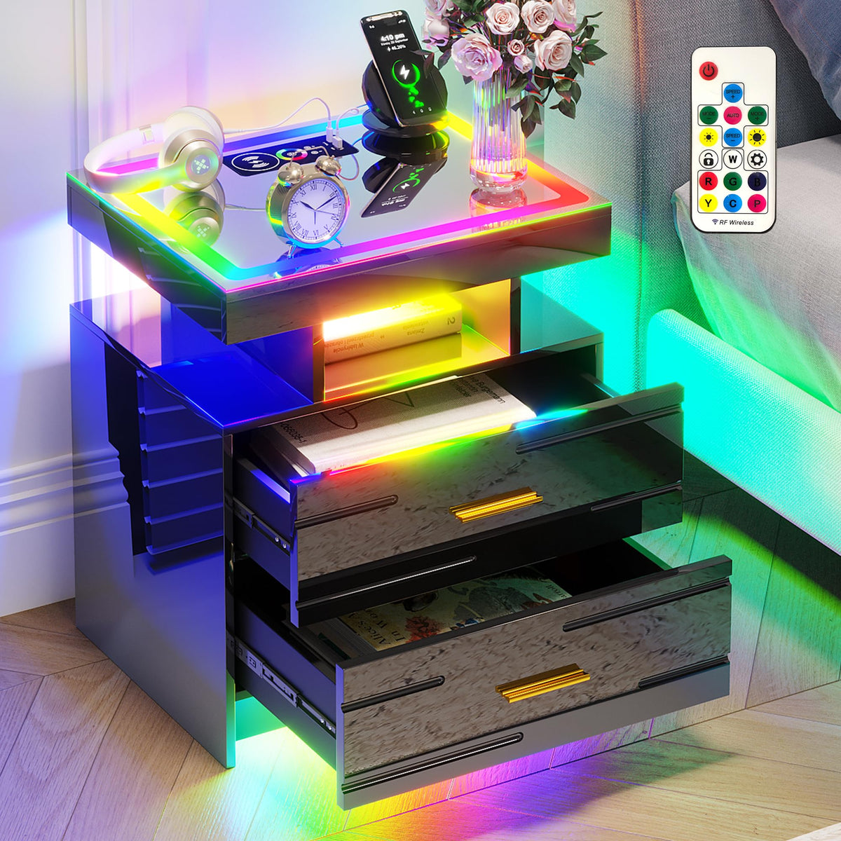Black Smart Nightstand with Wireless Charging Station N47625