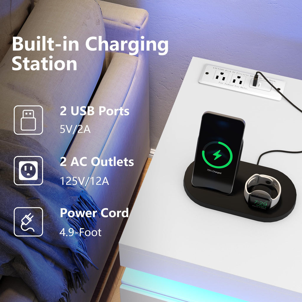 White Nightstand with Charging Station and LED Lights I6032