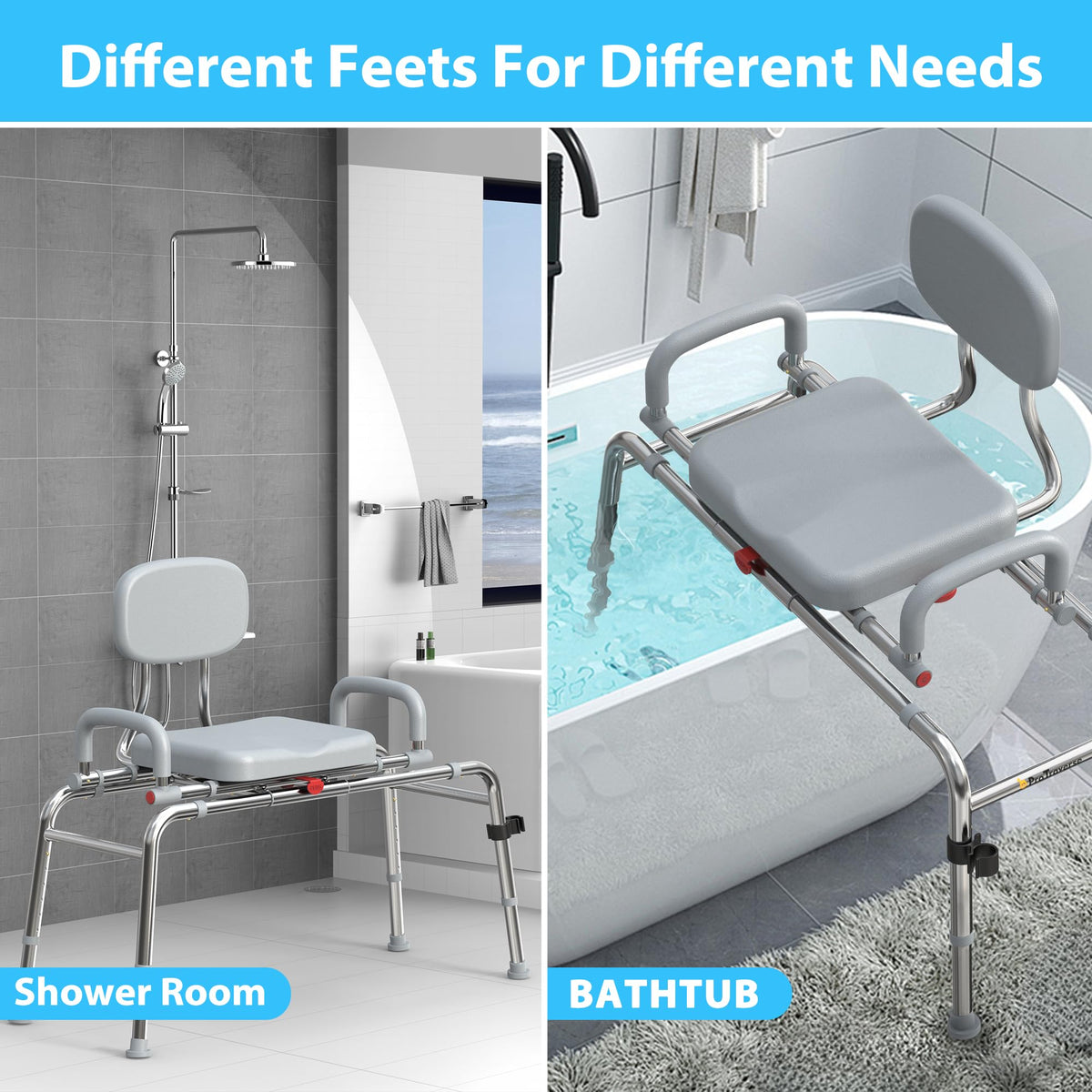 Sliding Shower Chair Tub Transfer Bench with Swivel Seat, 450lbs, Adjustable Height, Gray H229