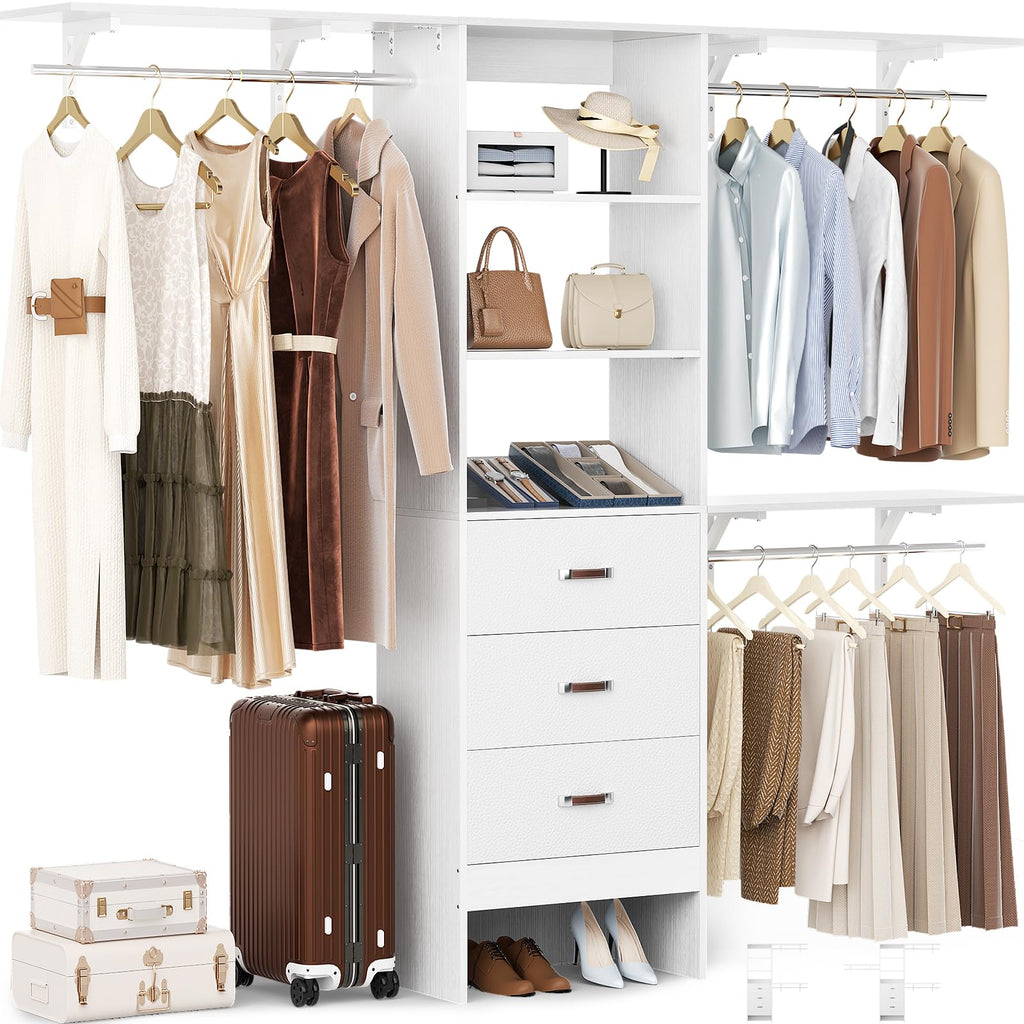 8FT White Wood Closet Organizer System with Drawer E649