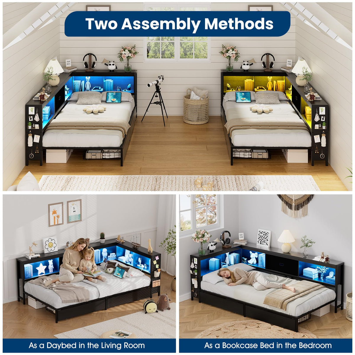 Twin Size Metal Corner Bed Frame with Storage Bookcase Headboard X8956
