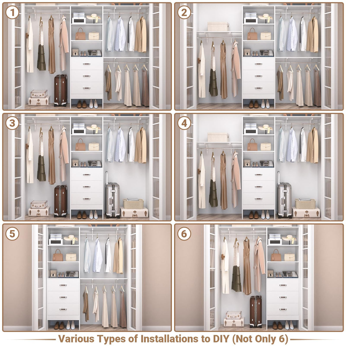 8FT White Wood Closet Organizer System with Drawer E649