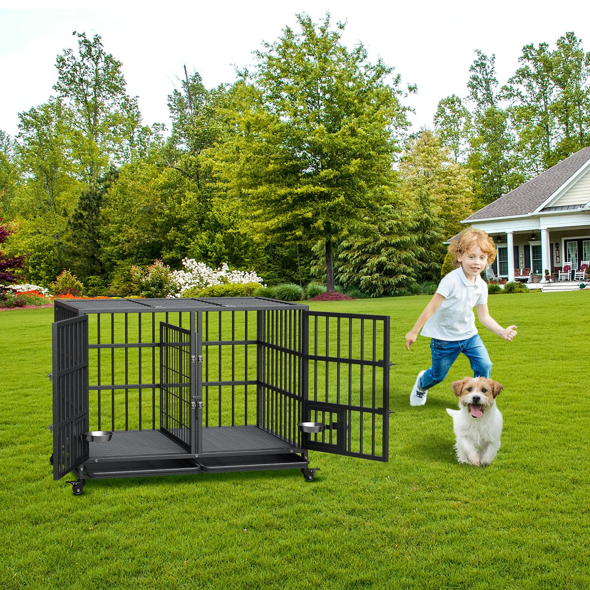 42 inch Heavy Duty Metal Dog Crate with Removable Tray and Wheels Z995665