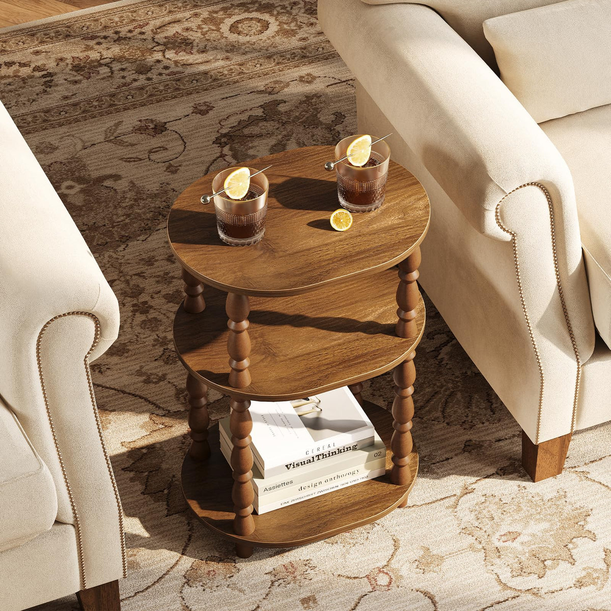 3-Tier Oval Wood Side Table with Storage Shelf O2938