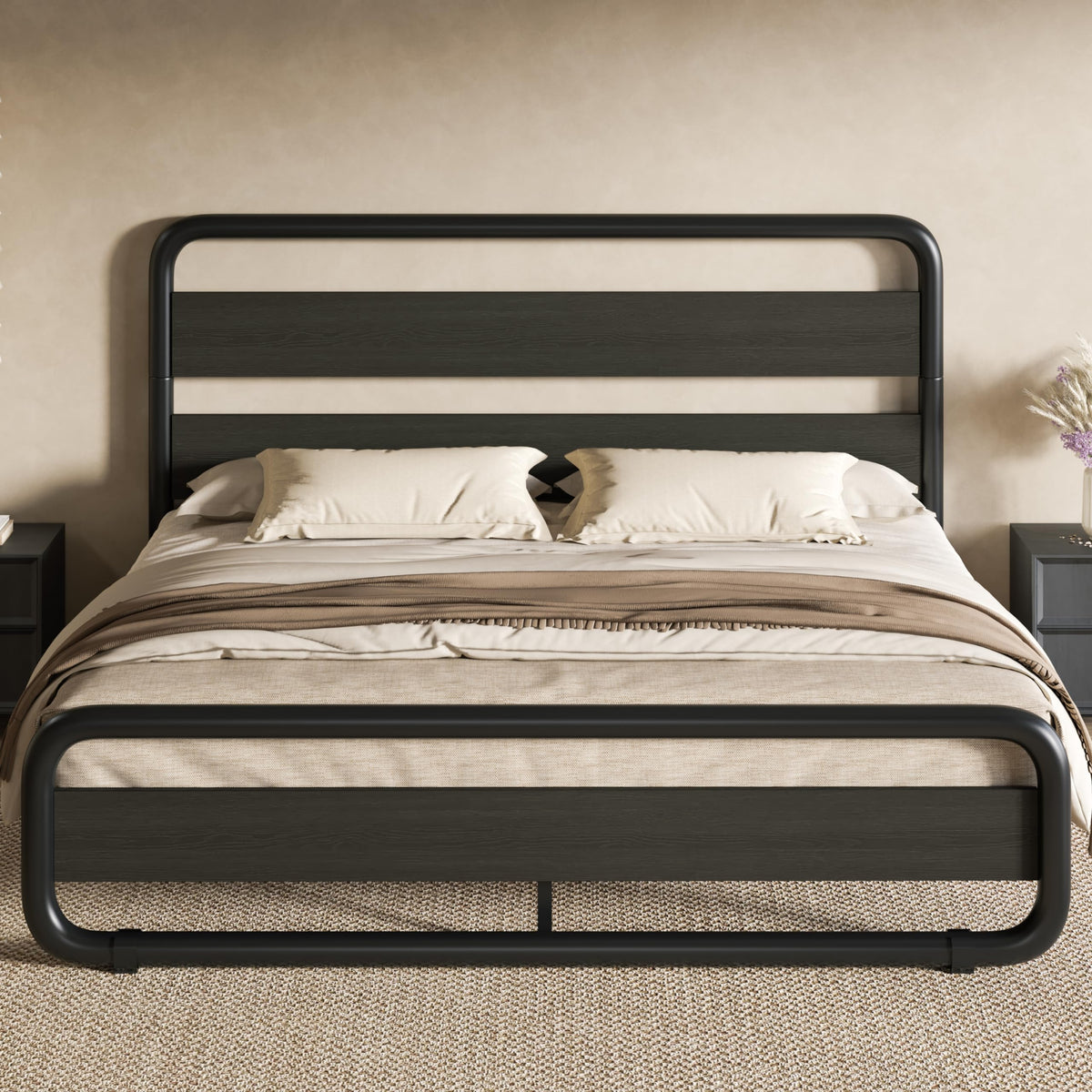 Full Size Metal Bed Frame with Wooden Headboard F2247