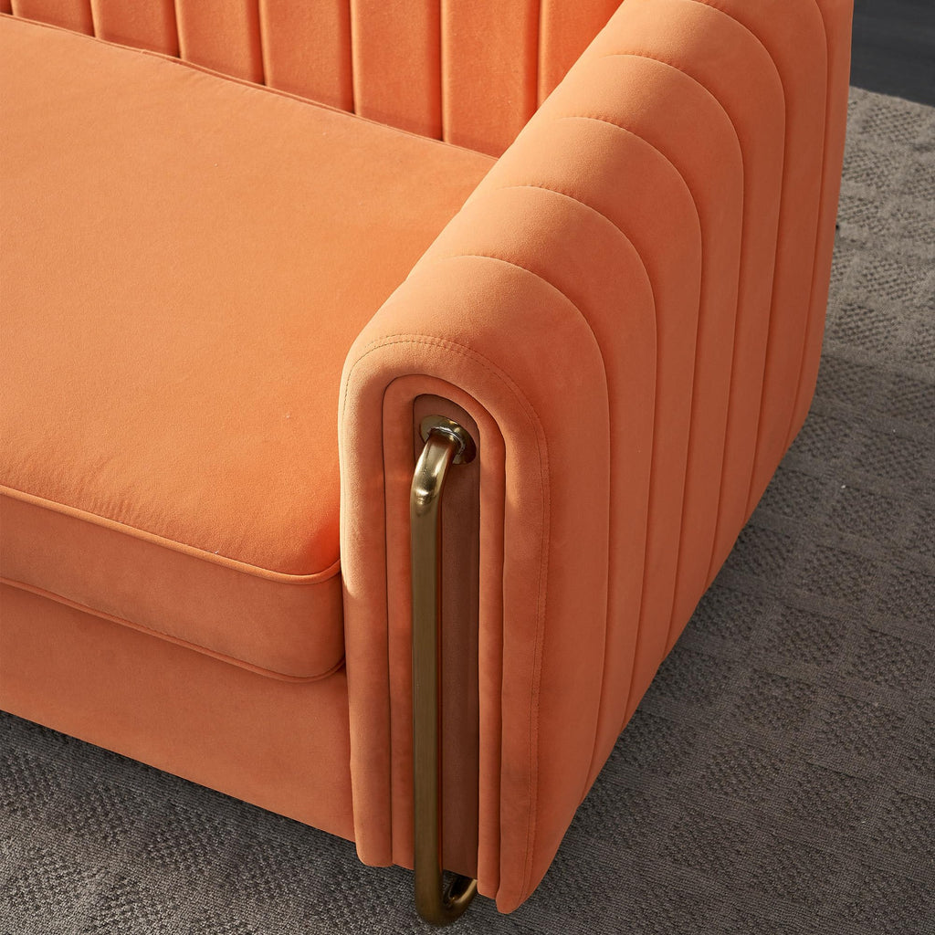 Velvet Sofa Couch, 3-Seater with Channel-Tufted Seats and Gold Steel Legs, Orange Z320
