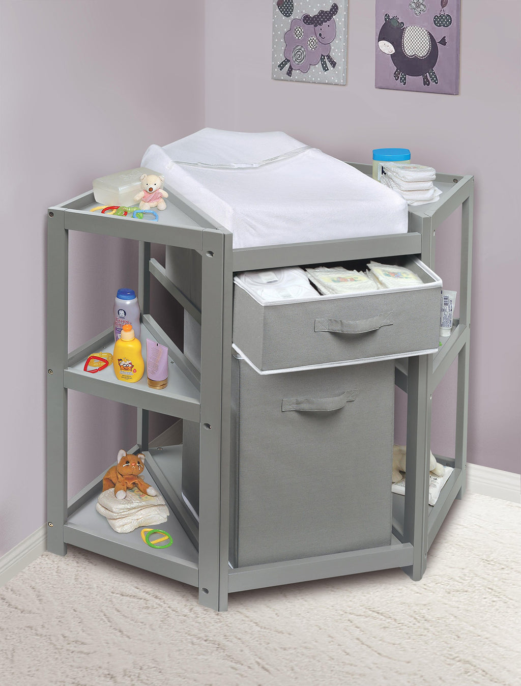 Gray Corner Baby Changing Table with Storage Bin E3193