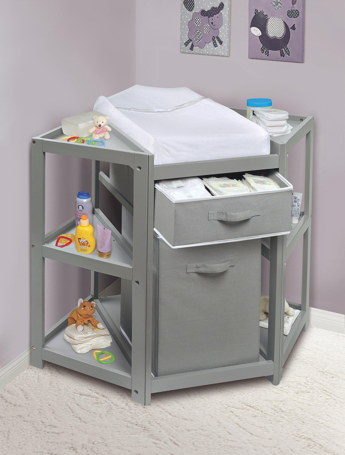 Gray Corner Baby Changing Table with Storage Bin E3193