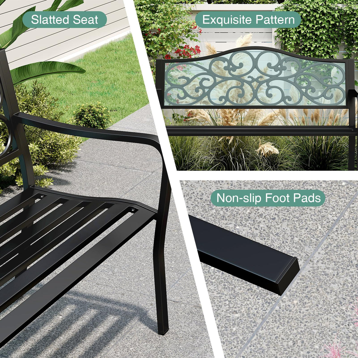 50 Inches Black Cast Iron Metal Patio Bench with Floral Backrest K451