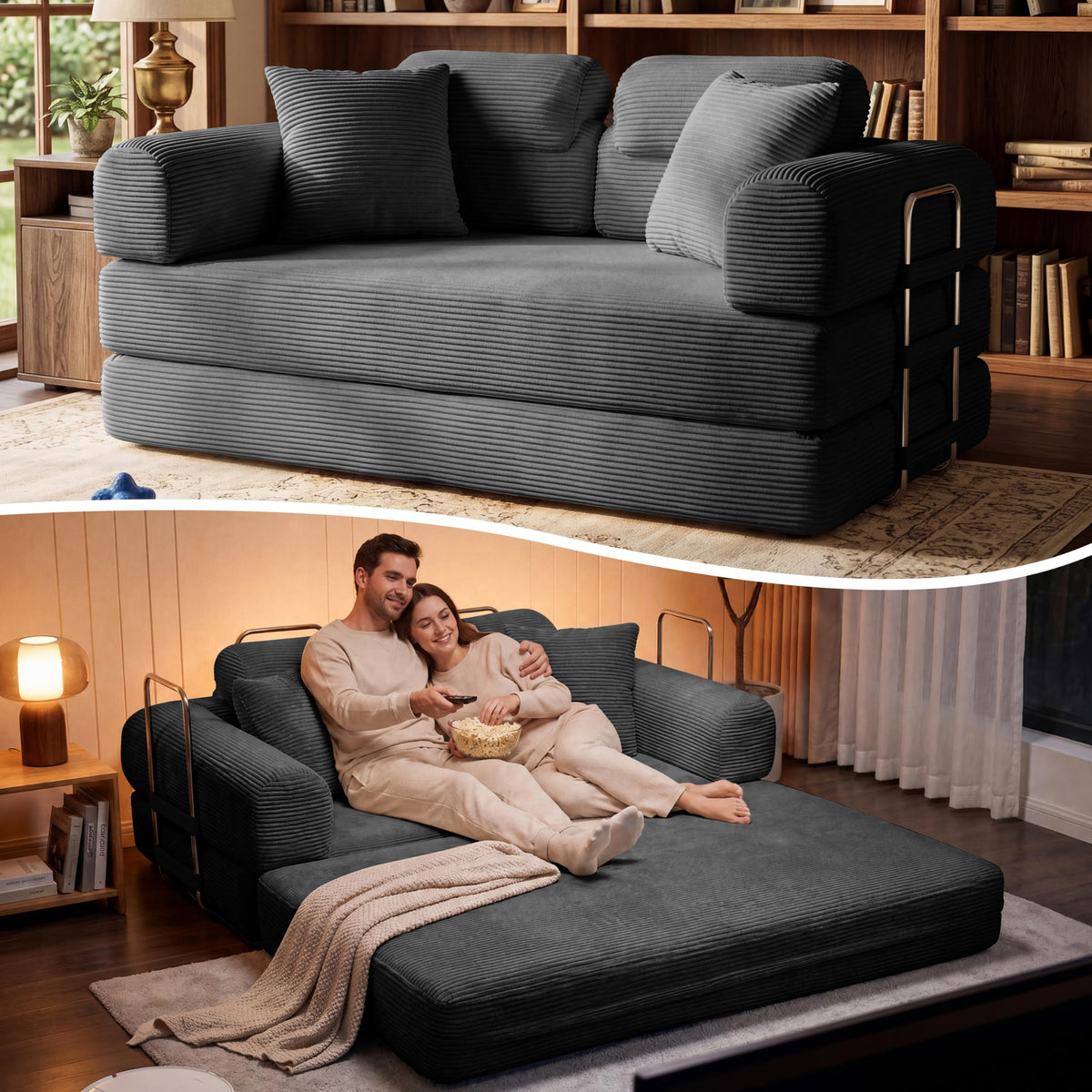 Pink Convertible Sofa Bed with 4 Pillows Z75366