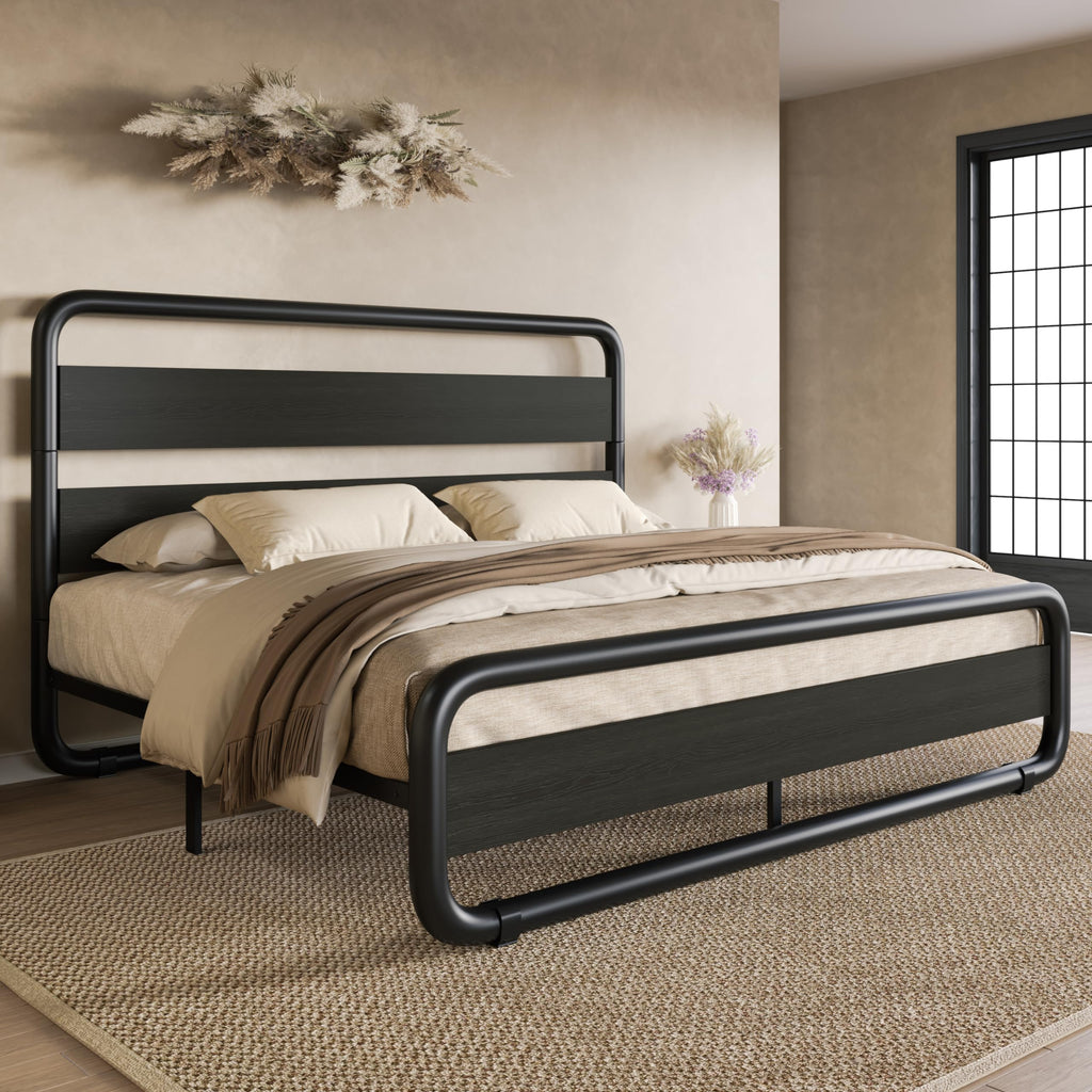 Full Size Metal Bed Frame with Wooden Headboard F2247