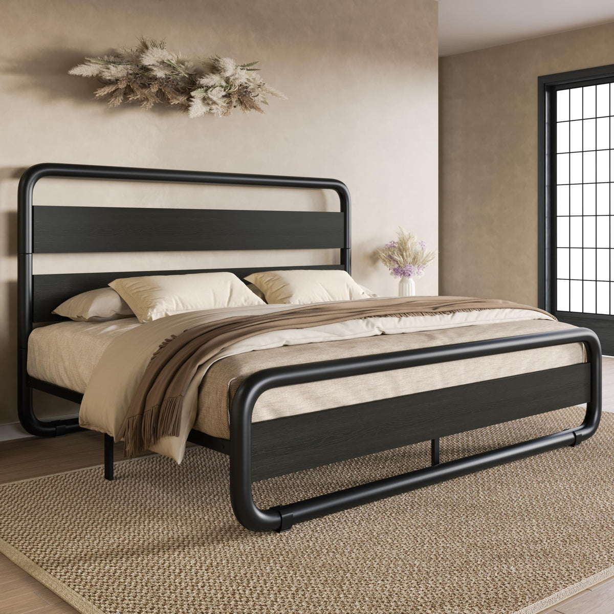 Full Size Metal Bed Frame with Wooden Headboard F2247