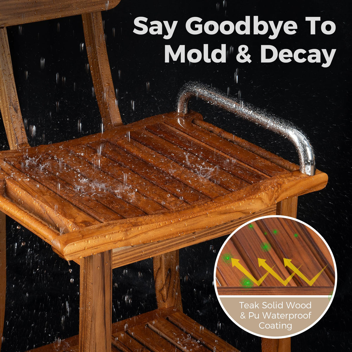 Teak Shower Bench with Handles and Backrest I915128