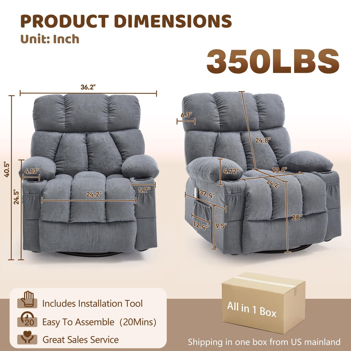 Oversized Grey Swivel Massage Recliner Chair B47274
