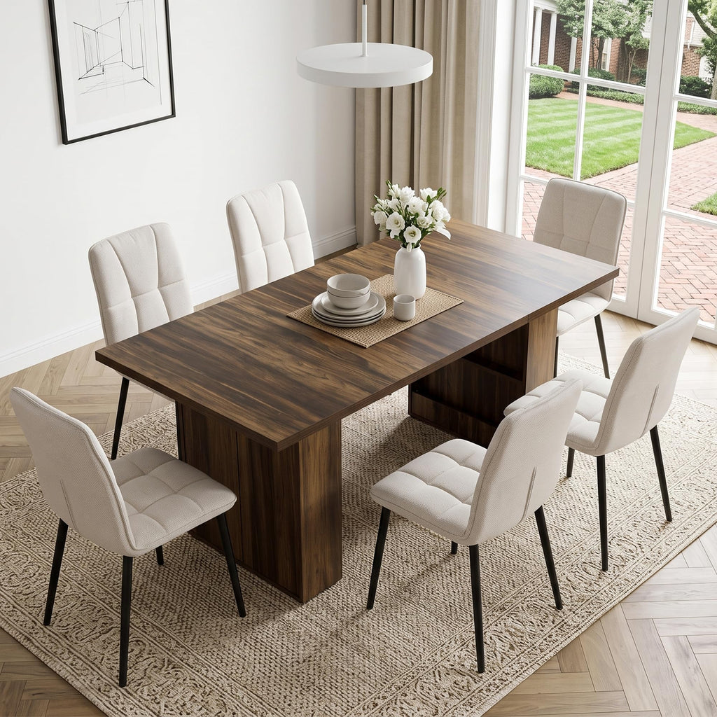 7 Piece Dining Table Set with 6 Beige Knit Fabric Chairs D9920