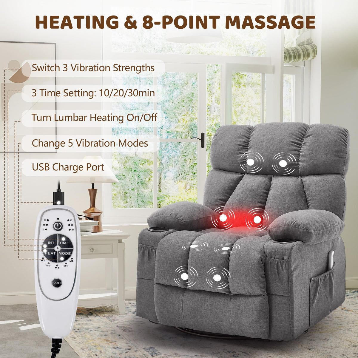 Oversized Grey Swivel Massage Recliner Chair B47274